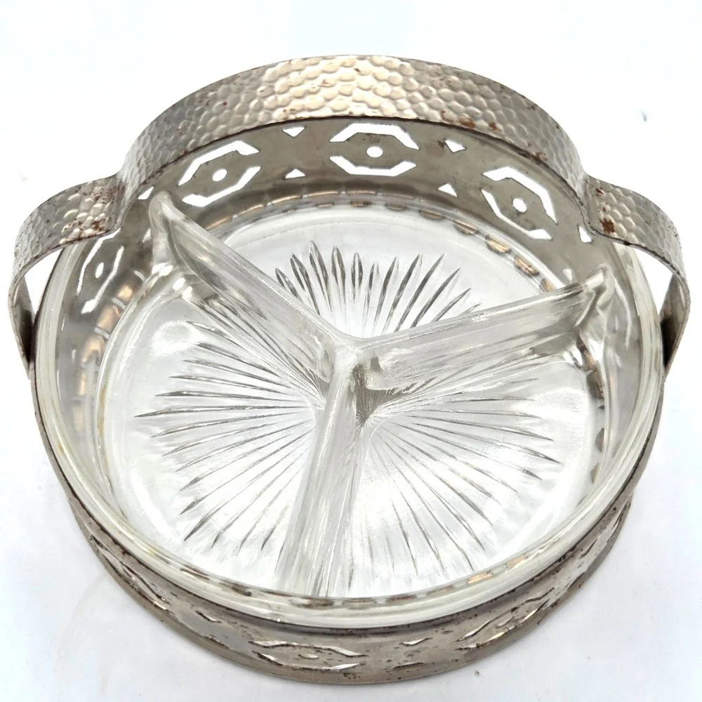 Silver Plated‎ with Clear Glass Divided Serving Dish Hammered Handle Vintage